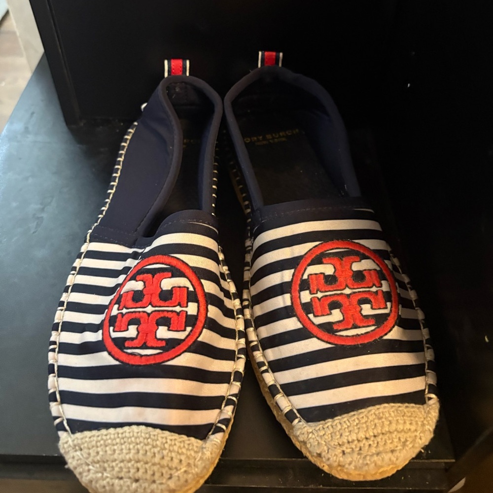 Tory Burch Navy and White Espadrilles with Red Emblem